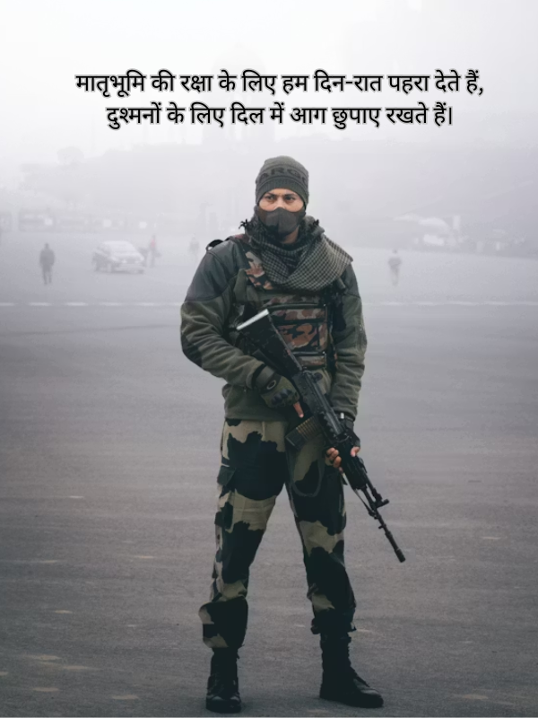 मातृभूमि की रक्षा के लिए हम दिन-रात पहरा देते हैं, दुश्मनों के लिए दिल में आग छुपाए रखते हैं। Image.png